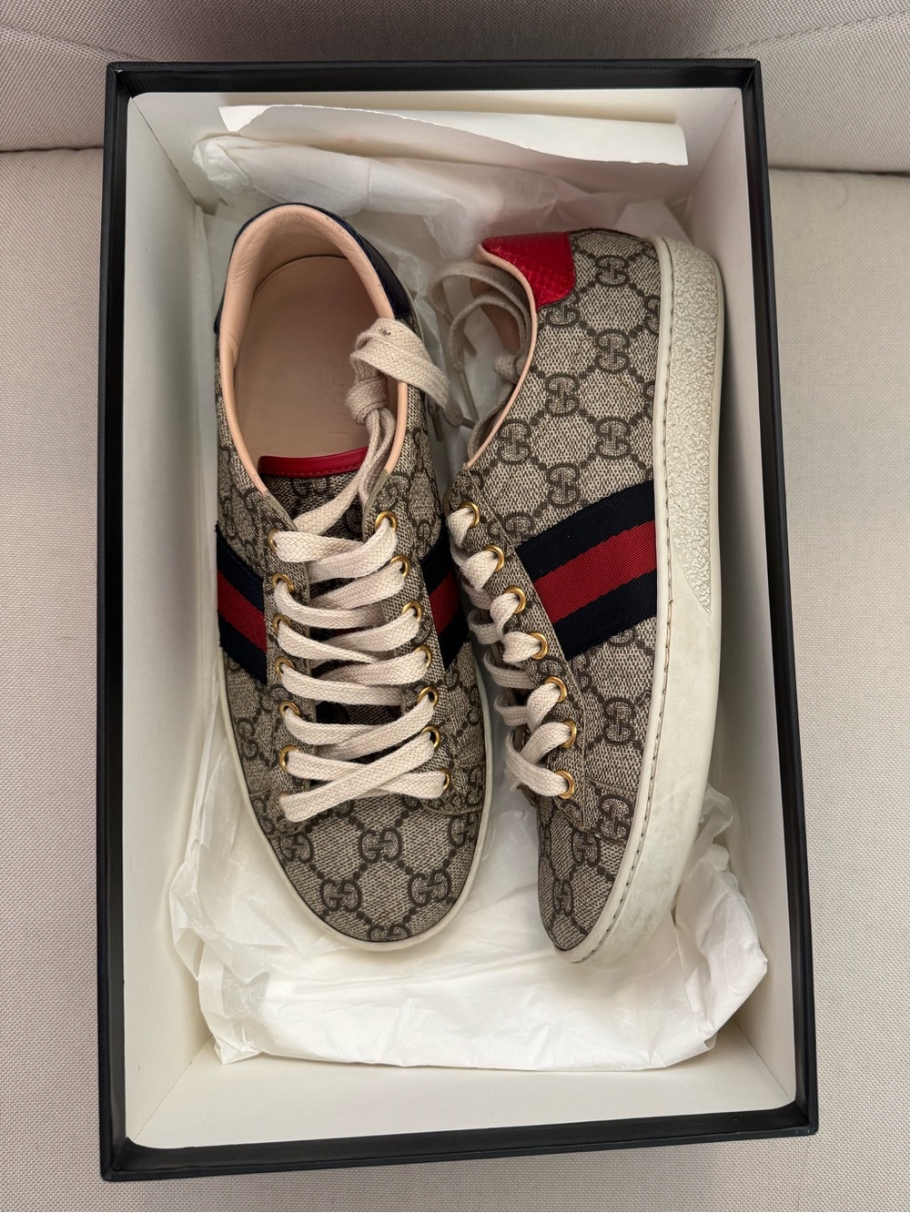 Gucci Brown GG Supreme Canvas Sneakers with Red & Navy Web